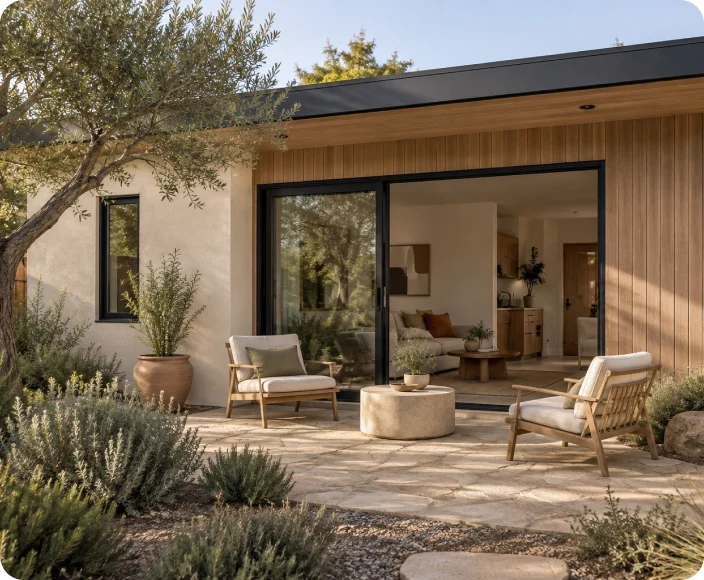 Small timber-clad living space opening onto a planted terrace