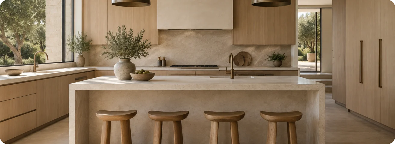 Interior material study: pale stone, oak cabinetry and warm timber seating